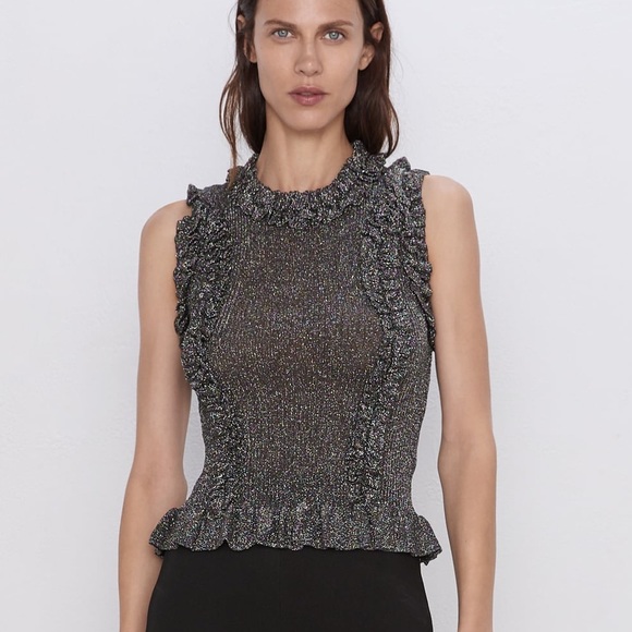 🆕Zara RUFFLED METALLIC THREAD TOP, size M - Picture 1 of 10
